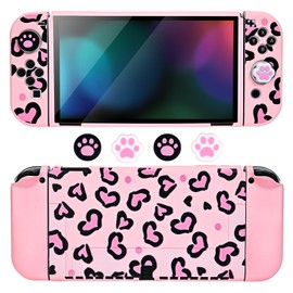 DLseego Case for Switch OLED, Heart-Shaped Print, Soft Switch OLED Protective Case with 2 Joycon Shells and 4 Switch Thumb Grip Caps, Pink Switch OLED Case