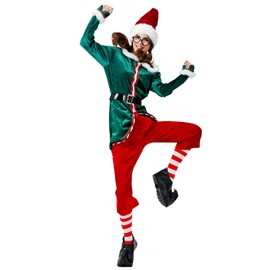 Adult Elf Christmas Santa Claus Costume Cosplay Deluxe Santa's Helper Set Elf Outfit Accessories Set 6 Pieces Green Medium