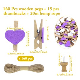 CARANNACLTD Mini Photo Clips, 120 Pieces Heart Clips, White/Purple Photo Clips with 20 Meters Jute String for DIY Decorations