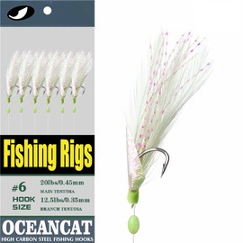 OCEAN CAT 10 Packs Feather Fish Skin 6 Hooks Fishing Rigs with String Hooks Glow Fishing Beads High Carbon Hooks for Freshwater Saltwater Fishing Lures Bait Rig Tackle (3#)