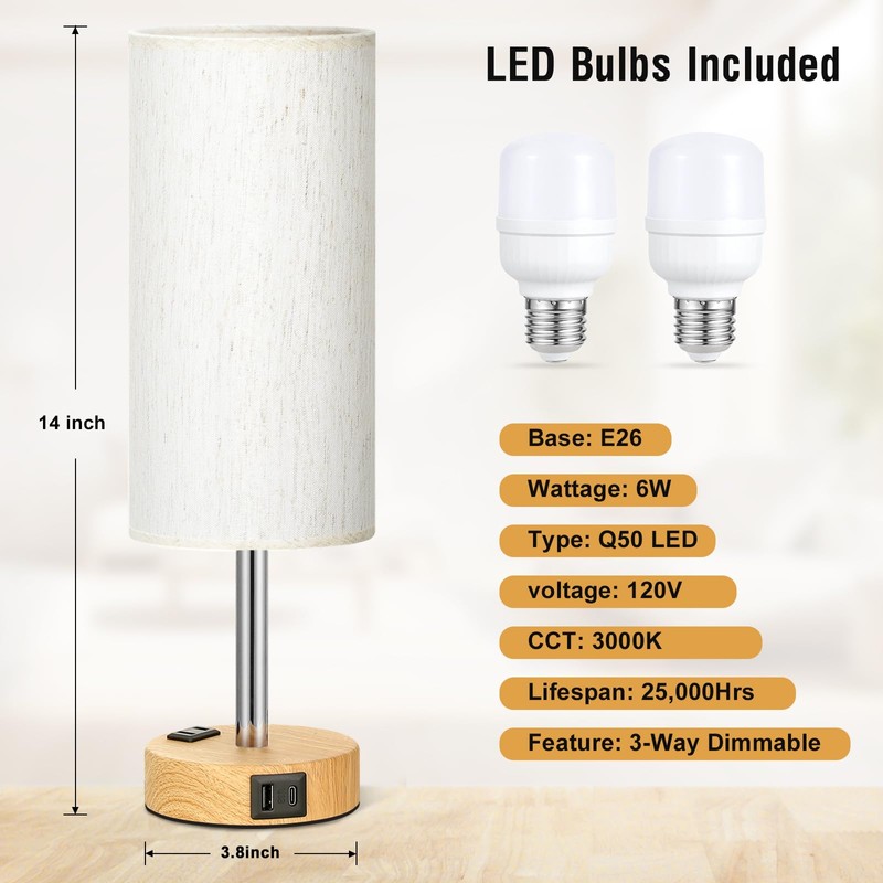 Fenmzee Small Touch Table Lamps Set of 2-3-Way Dimmable, USB