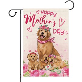 Heyfibro Happy Mother's Day Garden Flag 12x18 Double Sided Burlap Rose Flag for Mom, Cute Golden Retriever Dogs Yard Flags for Spring Outside Outdoor House Mothers Day Decoration (ONLY FLAG)