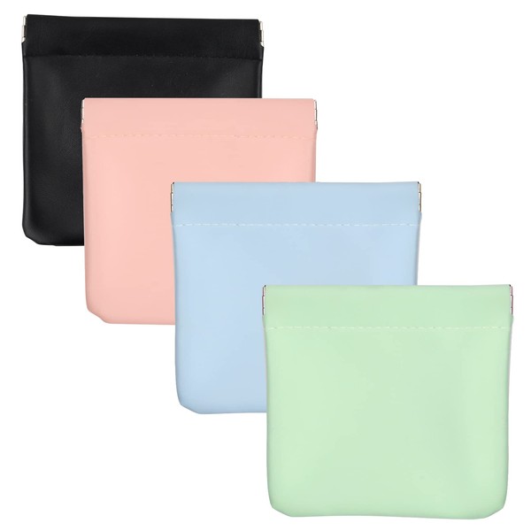 Pack of 4 No Zip Mini Portable Make Up Bags, Leather Cosmetic Bag, Waterproof Cosmetic Bags for Cosmetics, Headphones, Jewellery Storage (Green, Pink, Light Blue, Black), Green, pink, light blue,