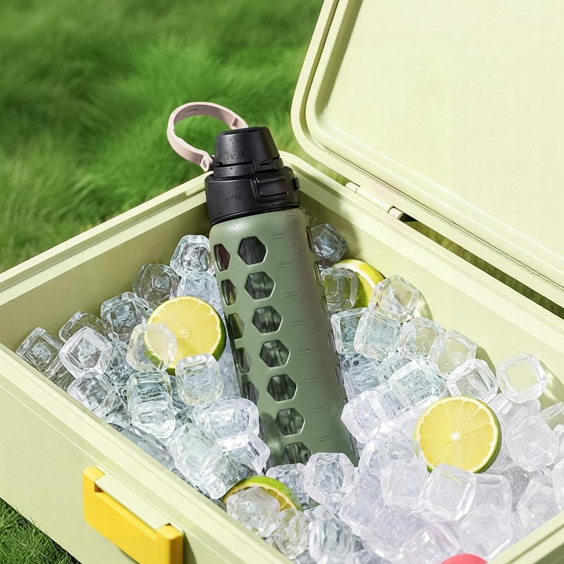 MUKOKO 32 oz Glass Water Bottle, Olive, 1 Pack