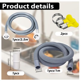 Washing Machine Hose Kit Universal 2.5m Cold Water Inlet Pipe and 1m Drain Hose Extension for Washing Machine Dishwasher Waste Pipe Extension