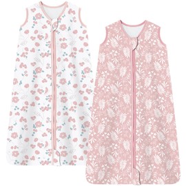 Chilsuessy Summer Sleeping Bag, 2 Pieces, Baby Sleeping Bag, Summer Sleeping Bag, 0.5 Togs, 100% Cotton Baby Sleeping Bag, Sleeveless for Newborns, Cute Flowers + Pink, 78 cm / 6-12 Months