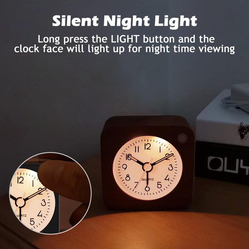 Travel Alarm Clock,Silent Non-Ticking Analog Clock with Snooze & Nightlight