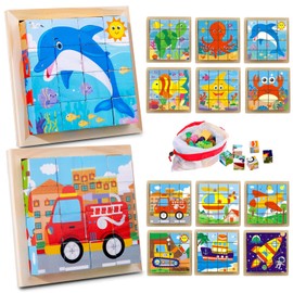 TAGNEFLOR 2 PCS Juguetes Rompecabezas de Cubos, Puzzle 3D de 6 en 1 Montessori, Animales Educativos para Niños y Niñas de 4 Años, Desarrollo de Habilidades Motoras y Cognitivas (Transporte y Océano)