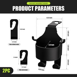 Irinidig 2 PCS Car Seat Headrest Water Cup Holder, Three-in-one Multifunctional Mobile Phone Holder Hanging Storage Rack, Headrest Hook for Backpacks Umbrellas, Universal for Cars Trucks (Black)