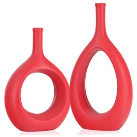 Red Ceramic Hollow Elliptical Vase Set of 2 - Boho Circle Vase with Hole, for Modern Red Table Decor, Living Room Decor Shelf mid Century Modern Home Entrance Decorative vase