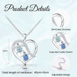 BOCHOI Gift for Women Girls, Sea Turtle Necklace Mum Daughter Grandmother Granddaughter, Silver Plated Love Heart Pendant Necklaces for Birthday Mothers Day