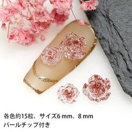 Flower Nail Parts, Roses, Approximately 90 Pieces, 6 Colors, 0.3 inches (6 mm), 0.3 inches (8 mm), Rose, Camellia, Camellia, Rose, 3D, Large, Flower Parts, Nail Art, Jewelry, Deco Parts, Handicrafts