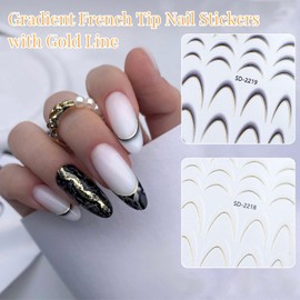 12 Colors Gradient French Tip Nail Stickers, 3D Self-Adhesive Nails Tips Guides Wave Stripe Geometric Curve Lines Transfer Decals Curved Lines Nail Art Designs (K5-Gold 2)