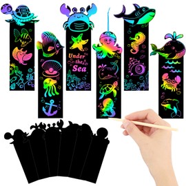 JUNEBRUSHS 30Pcs Ocean Crafts, Rainbow Magic Ocean Animals Scratch Bookmarks Under The Sea Party Favors Games for Activities Summer Arts and Crafts