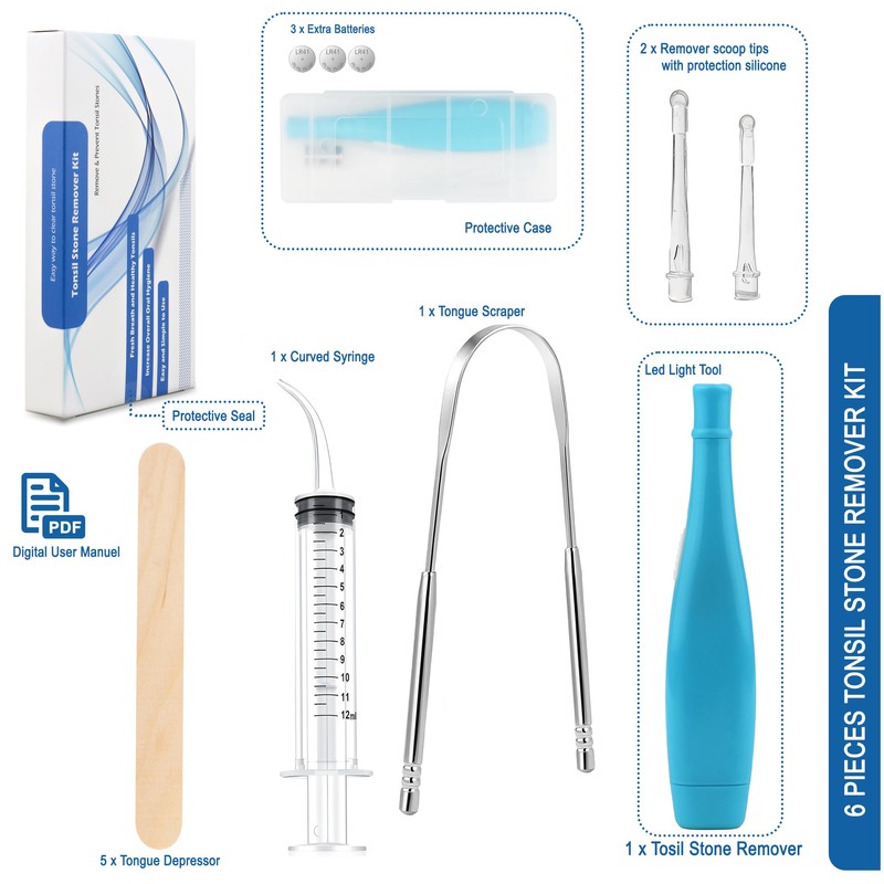Tonsil Stone Remover Kit with Metal Case, Syringe and Tongue