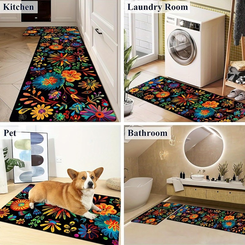 YWZDS Mexican Floral Kitchen Rugs Set of 2, Colorful Kitchen