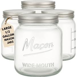 kitchentoolz Half Gallon Glass Mason Jars with Extra Wide Mouth & Metal Lids - Airtight Food Storage & Canning Jars with Measurement Markings - 64 oz (4pk)