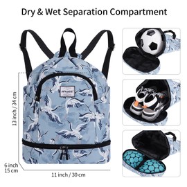 HAWEE Dry Wet Drawstring Backpack with Shoe Compartment for Women and Men Waterproof Yoga String Bag Outdoor Sports Rucksack for Gym/Beach/Swim Pool, Crane