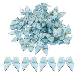 MECCANIXITY 50Pcs Mini Metallic Edge Ribbon Bow 1" Satin Ribbon Flower Bows Soft for Craft DIY Hair Bow Sewing Wedding Birthday Party Gold Edge Sky Blue