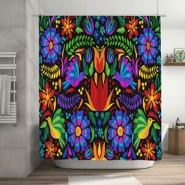 BenYaSong Mexican Shower Curtain，Birds Colorful Flowers Mexican Embroidery Style Art Polyester Waterproof Cloth Bathroom Curtain with 12 Hooks 36x72Inch（92x183cm）