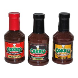 Corkys Bar-B-Q Sauce Variety Bundle - 3 Items: 18 oz. Smokin Hot BBQ Sauce, 18 oz. Original Recipe, 18 oz. Honey BBQ Sauce