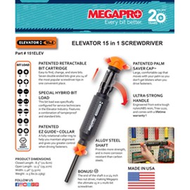 Megapro 151ELEV-CH/OR Alloy Steel Hex Elevator Multi Bit 15 in 1 Screwdriver, 1-1/4" Hex Nut, 8-1/2" Length