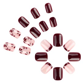 Press on Nails Short Square Fake Nails French Tip Glue on Nails Glossy Acrylic False Nails with Flower Designs Short Nails Press ons Cute Burgundy Artificial Stick on Nails for Women 24Pcs