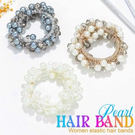 Reaky Pearl Hair Ties Beige Ponytail Holder Elastic Hair Bands Sparkly Rhinestone Hair Ties Set 3 Pieces Stretchy Hair Accessories for Women (White)
