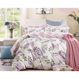 Swanson Beddings Pink Purple Roses 2-Piece 100% Cotton Bedding Set: Duvet Cover and One Pillow Sham (Twin)