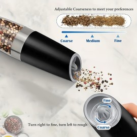 2pcs Electric Salt & Pepper Grinder Set - Gravity-Driven, LED Illuminated, Adjustable Coarseness, One-Handed Operation, Stainless Steel Finish, Battery-Powered for Effortless, Modern Cooking (Black)