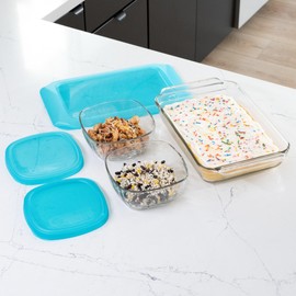 Libbey Baker’s Premium Bake & Store 4 Piece Glass Set with 9x13 Baking Dish and 6 Cup Storage Container with Blue Plastic Lids