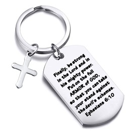 FUSTMW Christian Keychain Bible Verse Gifts Armor of God Cross Charm Ephesians 6:10 Religious Jewelry Confirmation Gifts (silver)
