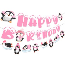 kreat4joy Penguin Birthday Decoration Girl, Winter Theme Happy Birthday Banner Polar Animal Theme Garland Pink for Penguin Wonderland Snowflake Party Decoration