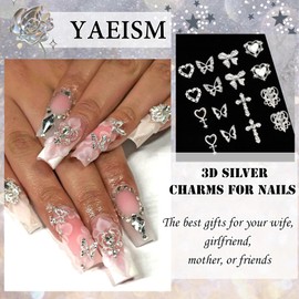 YAEISM 105PCS Silver Nail Charms 3D Bows for Nails 8 Shapes Butterfly Nail Charms Shiny Crystal Heart Nail Charms Alloy Silver Nail Crosses for Nail Art and DIY Crafts Decoration