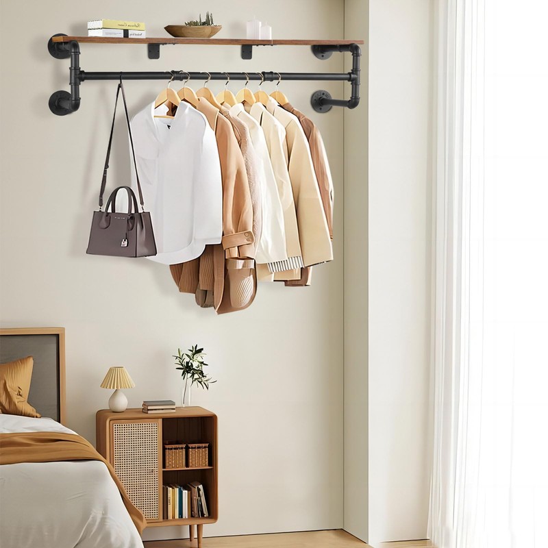 Yawinhe Industrial Pipe Clothes Rack with Top Shelf, Wall Mounted