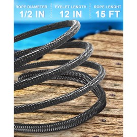 Roohiseng Boat Dock Lines 3/8”X 15’, Double Braided Nylon Boat Ropes for Docking with 12”Loop, 2 Pack Marine Dock Line Premium Mooring Rope for Kayak Pontoon Boats, Boating Gifts for Women Men, Black