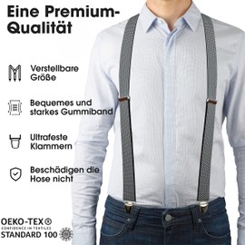 Pierrot Braces for Men Wide Made in Germany / France - Ultra Strong Elastic Band & 4 Extra Strong X-Clips - Adjustable Length up to 130 cm - Lifetime Guarantee, Grey Black Stripes