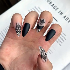 Press on Nails Medium Almond Stiletto Heel Fake Nails Gothic Mesh Rhinestone Acrylic Nails Glossy Glue on Nails Holiday False Nails Full Cover Stick on Nails for Women Girls 24PCS