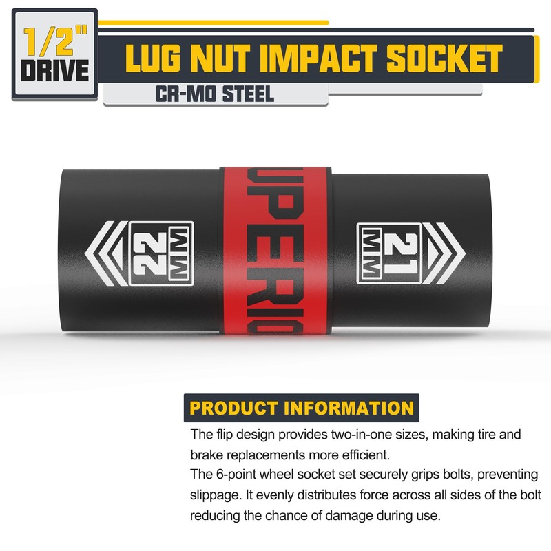 Aiourx 1/2" Drive Lug Nut Impact Socket, 21 x 22