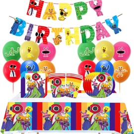 Dinoeye Birthday Decorations Balloons Banner Tablecloth Plates Cups Napkins - Red, Blue, Yellow Cartoon Theme Party Pack