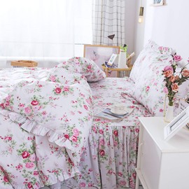 FADFAY Duvet Cover Sets Full Farmhouse Bedding Bulgaria Rose Printed with Bedskirt 100% Cotton Hypoallergenic with Hidden Zipper Closure, Full Size 4-Pieces