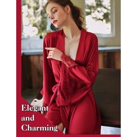 AmaMu Women Satin Robe Long Lace Trim Bathrobe Lightweight Kimono Soft Sleepwear with V-Neck (L, Red)