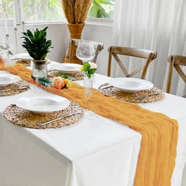 Sevenpers Cheesecloth Table Runner Gold 35"x120" Gauze Rustic Fabric Boho Yellow Table Runner for Wedding Bridal Baby Shower Birthday Festive Home Party Table Decorations 90x300 cm
