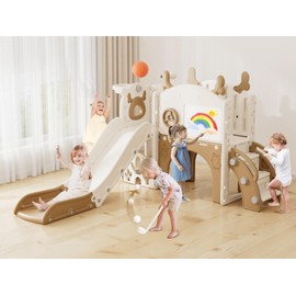 XJD Toddler Slide,12 in 1 Kids Slide for Toddlers 1-3, New Upgrade with Golf Set, Basketball Hoop, Drawing Board for Indoor Outdoor Playset,Toddler Playground (Brown)