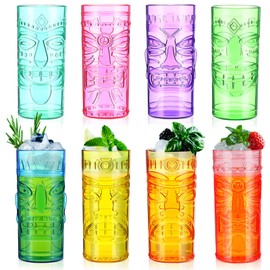 Geelin 8 Pack Plastic Tiki Cups 26 oz Tiki Bar Mugs for Cocktails Extra Large Luau Party Cups Hawaiian Exotic Cocktails Glasses for Tropical Island Drinks Hawaiian Luau Party Barware