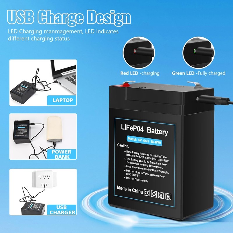 Upgraded Rechargeable 6V 6Ah LiFePO4 Battery with USB Charge Design,