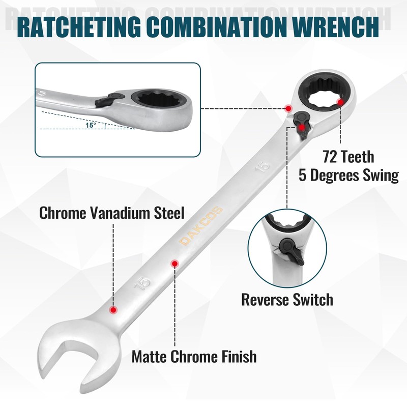 DAKCOS Fixed Head Reversible Ratchet Spanner 10mm Ratcheting Combination Wrench
