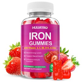 Iron Supplement Gummies for Women & Men, Vegan Iron Gummies with Vitamin C, A, B-Complex, Folate, Zinc for Blood Building & Energy Support, Strawberry Flavor, 60 Count
