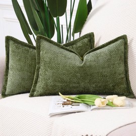 MADIZZ Chenille Velvet Throw Pillow Covers with Flange Set of 2 Super Soft Boho Textured Pillow Covers Decorative Throw Pillowcases Modern Farmhouse Home Decor for Sofa Bedroom Moss Green 12x20 Inch