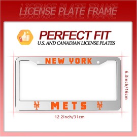 2 Packs License Plate Frames for Mets, Silver License Plate Covers, Universal Aluminum Tag Frame Holder for Front and Rear Car Tags
